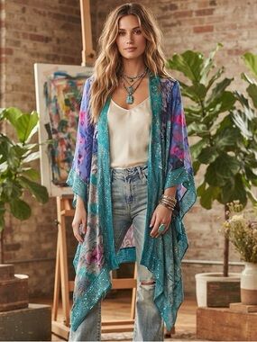 Sterling Styles Wearable Art Patchwork Boho Asymmetrical Kimono 100% Art Silk